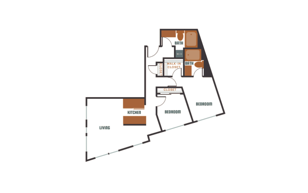 2x2 - D1 - 2 bedroom floorplan layout with 2 bathrooms and 1130 - 1196 square feet