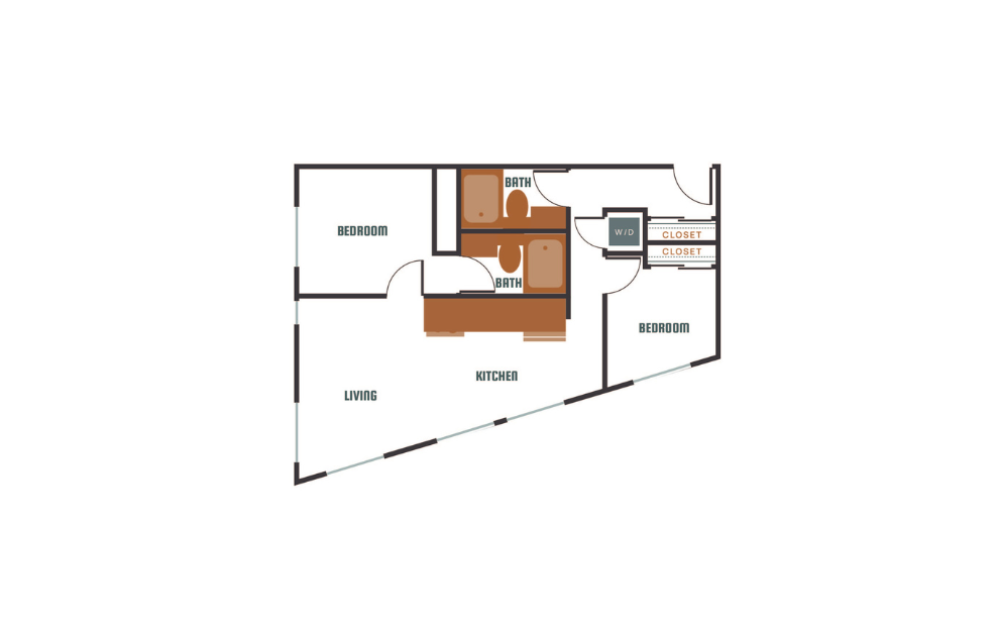 2x2 - D2 - 2 bedroom floorplan layout with 2 bathrooms and 1088 square feet