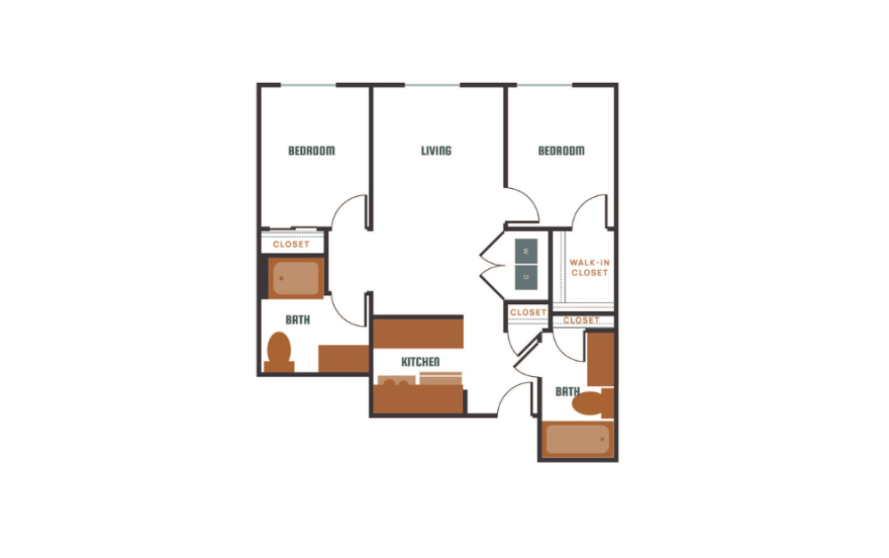 2x2 - D3 - 2 bedroom floorplan layout with 2 baths and 965 square feet.