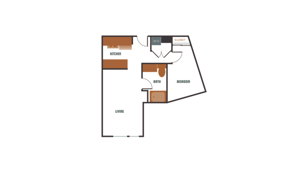 Open 1x1 - B1 - 1 bedroom floorplan layout with 1 bath and 672 square feet.